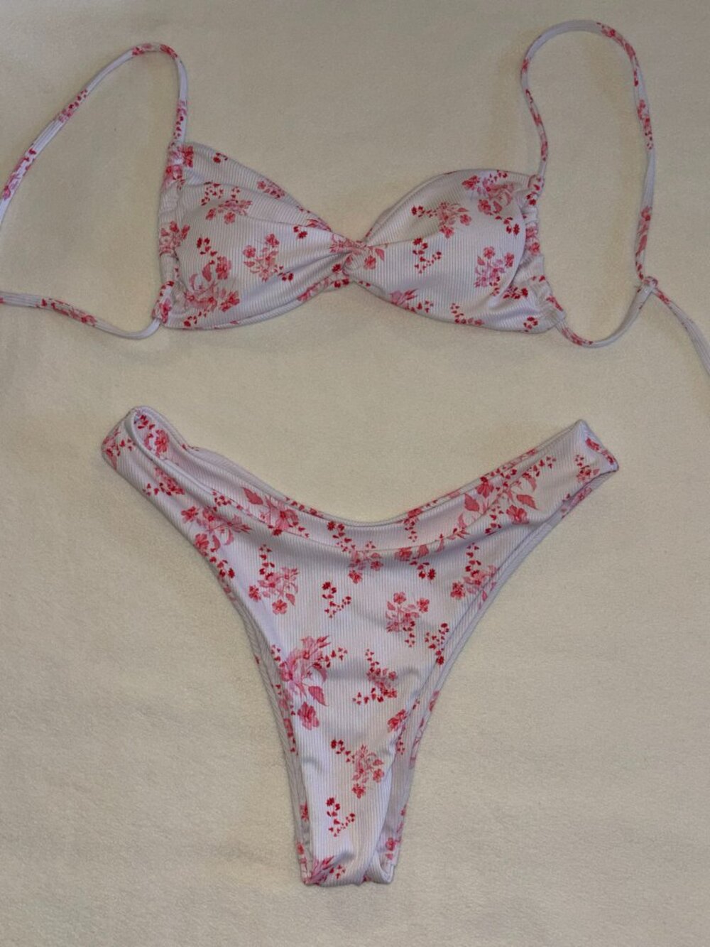White Pink Floral Ribbed Bikini Set Size Small